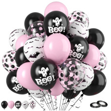 Funhot Halloween Party Balloons 60Pcs Pink Black Halloween Balloons 12 Inch Black Pink Confetti Balloons Bat Ghost Boo Printed