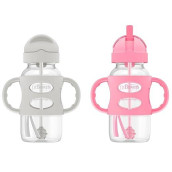 Dr. Brown'S Milestones Wide-Neck Sippy Straw Bottle With 100% Silicone Handles And Weighted Straw, 9 Oz/270 Ml, Gray & Pink, 6M+, 2 Count (Pack Of 1)