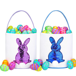 Easter Baskets For Kids Boys And Girls Easter Egg Hunt Baskets Cute Sequin Rabbit Bunny Printed Canvas Gift Basket For Baby