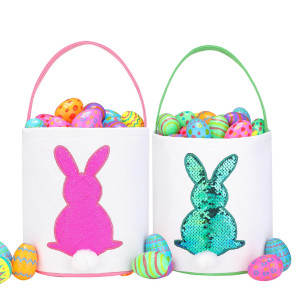 Easter Baskets For Kids Boys And Girls Easter Egg Hunt Baskets Cute Sequin Rabbit Bunny Printed Canvas Gift Basket For Baby