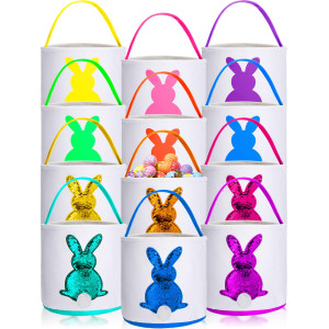 Jexine 12 Pcs Easter Bunny Basket Bags Bulk For Kids Gift Bucket Easter Eggs Hunt Basket With Handle Bunny Tote Bag Carry Bucket