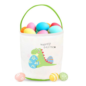 Cerlaza Easter Gift Basket Empty For Kids Canvas Tote Easter Dinosaur Holding Eggs Hunt Basket With Handle For Toys Carrying C