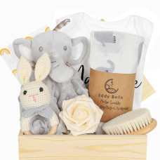 Iaovueby Baby Gift Set For Newborn Baby Shower Gifts Wooden Baby Gift Basket Essentials Includes Infant Swaddle Blanket Onesie