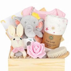 Iaovueby Baby Girl Gifts, Baby Shower Gifts For Girls, Baby Gift Set For Newborn Girl Essentials, Wooden Baby Gift Basket Swaddle Blanket Rattle Toy Onesie Infant Hair Brush