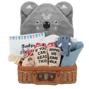 Zooawa Baby Boy Gifts Baby Shower Gifts For Boys New Born Baby Boys Basket Includes Baby Hooded Towel Wooden Rattle Toy Cut