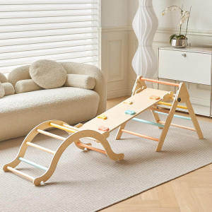 Giant Bean Pastel 5 In 1 Pikler Triangle Set With Sliding Ramp Climbing Arch Ramp Foldable Wooden Toddler Climbing Toys Indoo