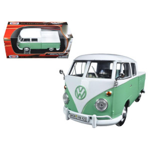 Volkswagen Type 2 (T1) Double cab Pickup Truck White and green 124 Diecast Model car by Motormax