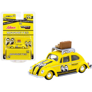 Volkswagen Beetle Low Ride Yellow with Roof Rack and Luggage Mooneyes collaboration Model 164 Diecast Model car by Schuco & Tarmac Works