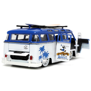 Volkswagen T1 Bus Blue and White with graphics Nostalgic Islands Ride the Wave and Mickey Mouse Diecast Figure and Surfboard Disneys Mickey and Friends Hollywood Rides Series 124 Diecast Model car by Jada