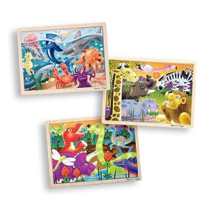 Melissa & Doug 3-Puzzle Jigsaw Set - Dinosaurs, Ocean, And Safari - Toddler Jigsaw Puzzles, Sea Creatures Wooden Puzzles, Dinosaur Puzzles, Animal Puzzles For Kids Ages 3+