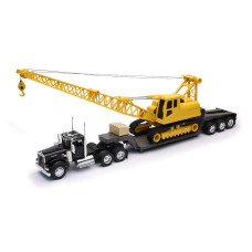 New Ray Kenworth W900 Truck With Lowboy Trailer Black And Crane Yellow Long Haul Trucker Series 132 Diecast Model