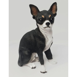 Chihuahua Black White Dog Sits Figurine Resin Df06A