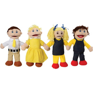 Constructive Playthings Caucasian Puppets Set Of 4 With 15 Mother Father And 13 H Sister Brother With Yarn Hair And Embro