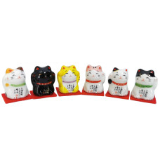 Yakushigama Mini Maneki Neko Set 6 Antique Black Porcelain Cat Figurines