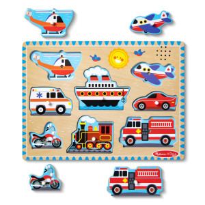 Melissa Doug Vehicles Sound Puzzle Wooden Peg Puzzle With Sound Effects 8 Pcs Sound Puzzles For Toddlers Wooden Puzzles