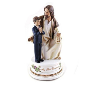 Roman My First Communion Young Boy With Jesus 7 Inch Resin Stone Musical Figurine Plays The Lords Prayer