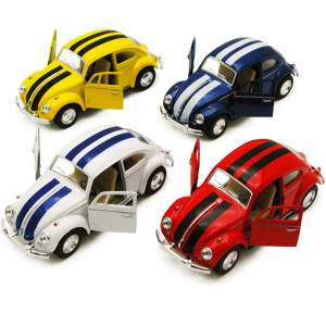 Set Of 4 Cars: 5" Classic 1967 Volkswagen Beetle With Racing Stripes 1:32 Scale (Blue/Red/White/Yellow)