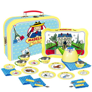 Yottoy Madeline Collection 23Piece Kids Tin Tea Set Toy W Illustrations Monograms Carry Case