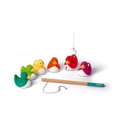 Janod Ducky Fishing Game - Bath Time Fishing Game With Wooden Fishing Pole And 6 Rainbow Ducks - J03246