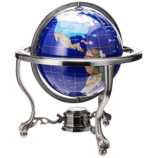 Unique Art 13Inch Tall Table Top Blue Lapis Ocean Gemstone World Globe With Silver Tripod Stand