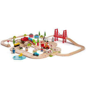 Bigjigs Rail 80Pc Rural Road And Rail Wooden Train Set Kids Train Set With 80 Bigjigs Train Accessories Incl Bridges A Leve