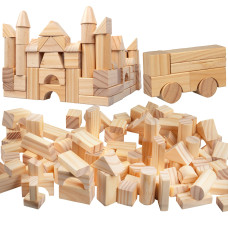 Wooden Blocks Set 100 Pc Natural Colored Wood Building Block Toys 100 Real Wood 14 Different Shapes Great Gift For Kids O