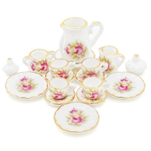 Odoria 112 Miniature Porcelain Tea Set 15Pcs Dollhouse Decoration Accessories Pink Rose