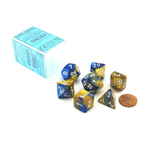 Chessex Polyhedral 7Die Gemini Dice Set Blue Gold Wwhite D4 D6 D8 D10 D12 D20 D00 Chx26422