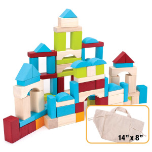 Imagination Generation 100 Piece Natural Wooden Building Block Set With Carrying Bag Childrens Deluxe Stacking Toy Set