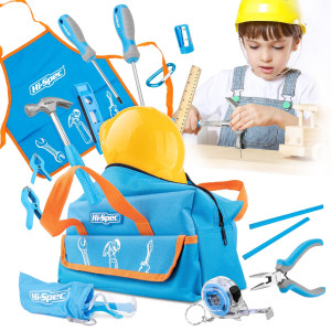 Hispec 18Pc Blue Kids Tool Kit Set Child Size Tool Bag Real Metal Hand Tools For Diy Building Woodwork Construction