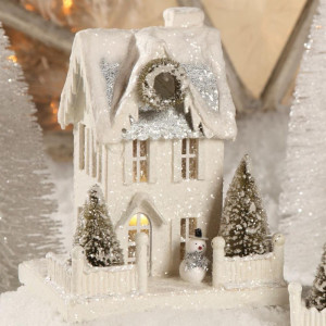 Bethany Lowe 9 Wintery White Tall Putz House With Snowman Christmas Village Figure