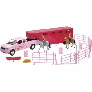 NewRay Valley Ranch Pink Pick Up Truck & Horse Trailer Set