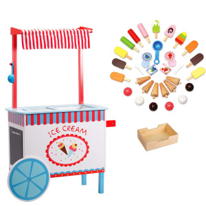 Ice Cream Cart Kids Pretend Play Stand 33 Pc Accessories Realistic Premium Wooden Toy Set Money Box Chalkboard Icecream T