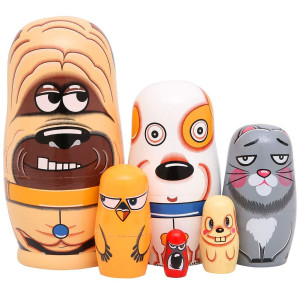 Moonmo 6Pcs Handmade Wooden Russian Nesting Dolls Russian Nesting Dolls Cute Dogs Matryoshka Dolls