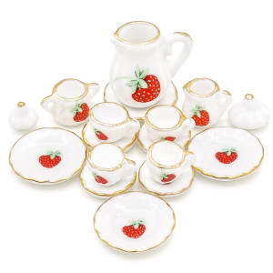 Odoria 112 Miniature Porcelain Tea Set 15Pcs Dollhouse Decoration Accessories Strawberry