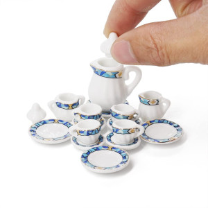 Odoria 112 Miniature Porcelain Tea Set 15Pcs Dollhouse Decoration Accessories Mediterranean Blue