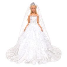 Barwa White Wedding Dress With Long Veil Evening Party Princess White Lace Gown Dress For 115 Inch Girl Doll