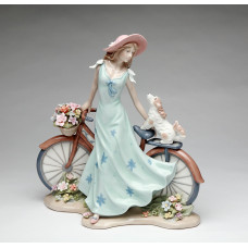 Cosmos Gifts 10414 Fine Elegant Porcelain Lady Riding Bike With My Best Friend Dog Puppy Porcelain Figurine 10 58 H