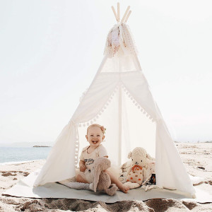 Little Dove Kids Teepee Tent 6 Children Indian Play Tent Lace And Pompom Ball Design With Led String Light Feathers Decoration