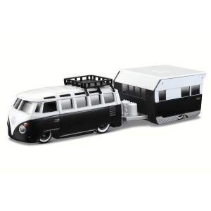 Maisto New 164 Tow Go Collection Black White Volkswagen Van Samba And Black White Alameda Trailer Diecast Model Car