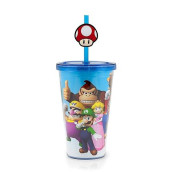 Super Mario Bros. 16Oz Acrylic Carnival Cup With 1-Up Mushroom Straw Holder Featuring Characters Mario Luigi Peach Wario Bowser Donkeykong