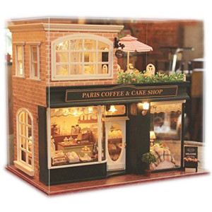 Ogrmar Wooden Dollhouse Miniatures Diy House Kit With Led Light And Dust Coverparis Coffee Cake Shop