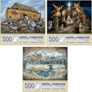 Bits And Pieces Set Of Three 3 500 Piece Jigsaw Puzzles For Adults Noahs Ark Last Supper In The Manger 500 Pc Religio