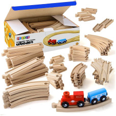 Play22 Wooden Train Tracks 52 Pcs 2 Bonus Car Toy Trains For Kids Is Compatible With Thomas Wooden Railway Systems And All