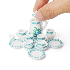 Odoria 112 Miniature Porcelain Tea Set 15Pcs Dollhouse Decoration Accessories Green