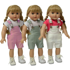 The New York Doll Collection Set Of 3 Twill Overalls Pink Grey And White