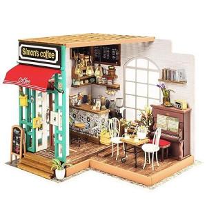 Robotime 3D Diy House Kit Cafe House With Led Light Model Making Miniature Woodcraft Dollhouse Puzzle Challenge Gift Set (Simon'S Cafe)