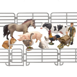 Toymany Solid Realistic 14Pcs Farm Animal Figures Set With Fence Farm Animals Playset Includes Farmer Horse Cow Pig Hen Duck Ra