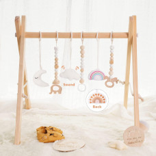 Little Dove Baby Play Gym Wooden Baby Gym With 6 Toys Foldable Play Gym Frame Activity Gym Hanging Bar Baby Toy White