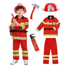 Yolsun Fireman Costume For Kids Boys And Girls Firefighter Dress Up Fire Fighter With Toy Accessories Set Halloween Role Pla